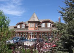 front of historic CPR station downtown Red Deer